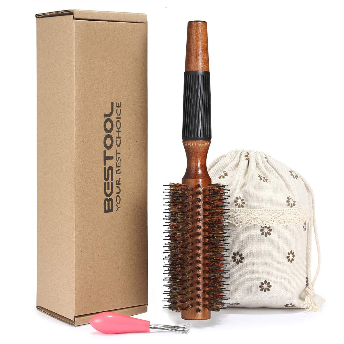 BESTOOL Boar Bristle Round Hair Brush, 2.2 Inch for Quick Blowout, Shine & Volume, Black