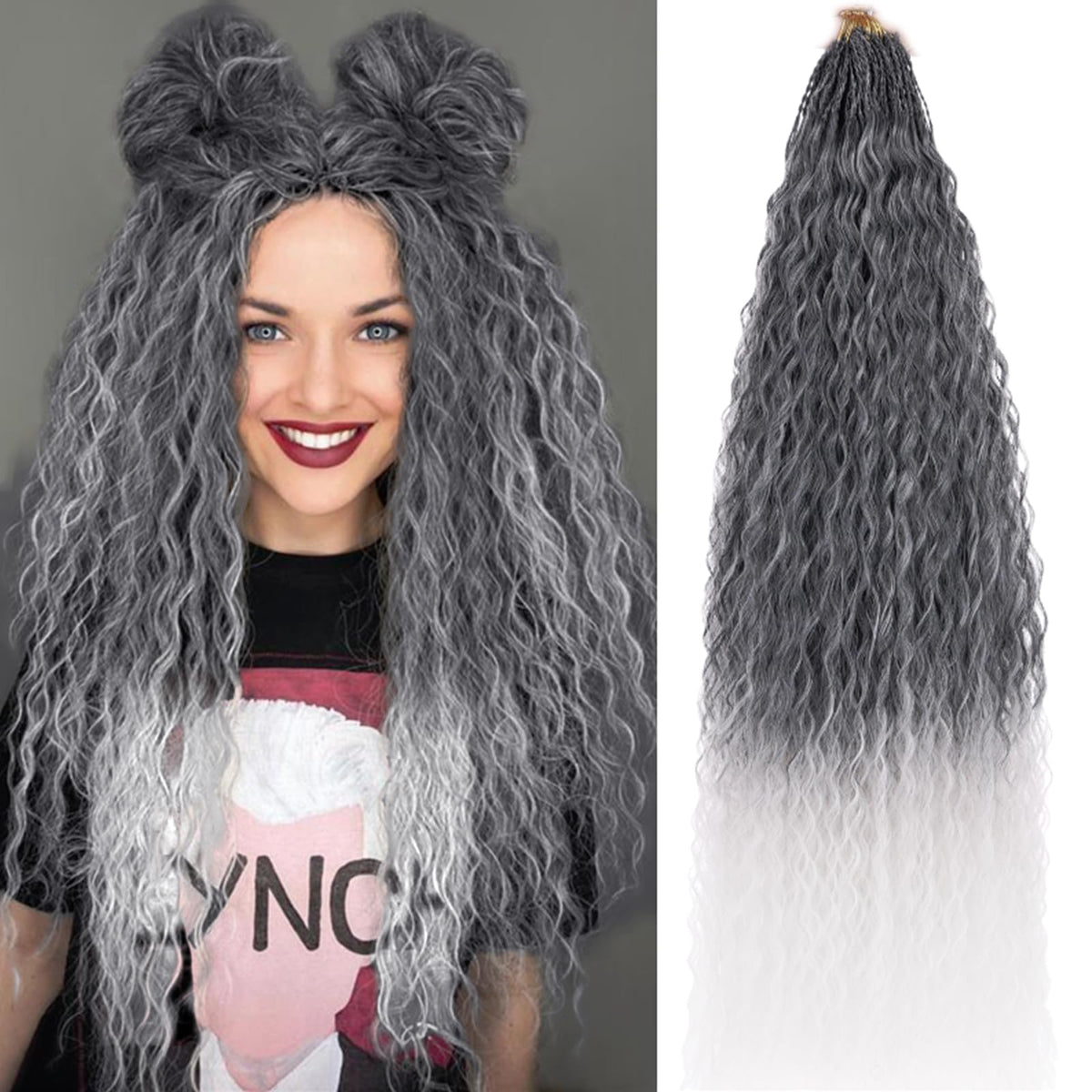 Zrq 24&quot; Pre Looped Micro Brazilian Braids Curly Crochet Hair - Ombre Grey Synthetic Extensions