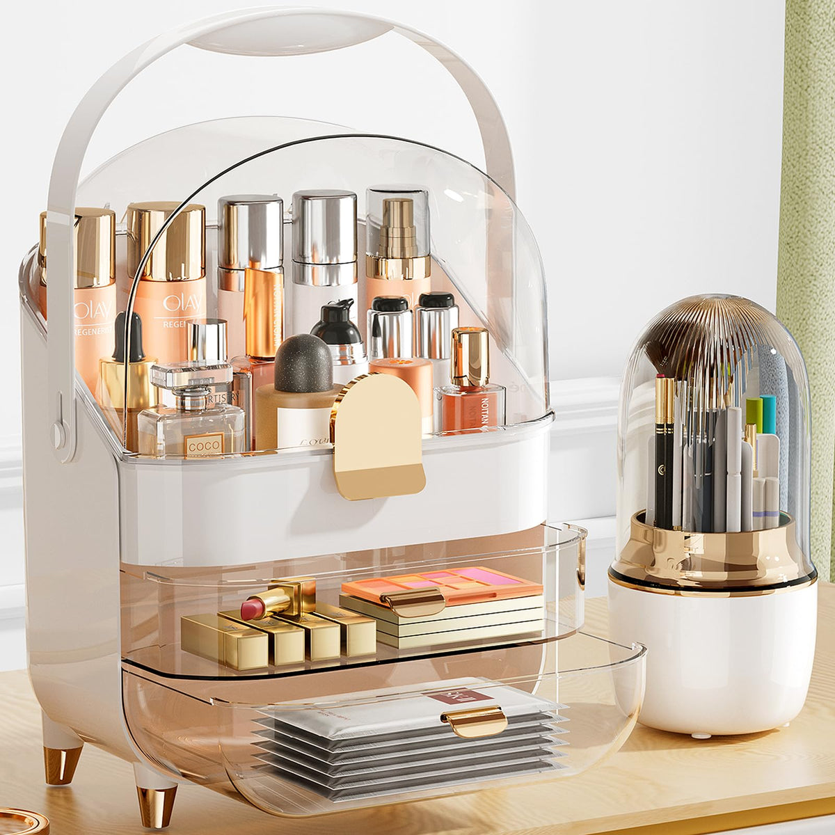 Dataroad Selead Pearl White Makeup Organizer - 3 Layers Cosmetic Storage With Brush Holder