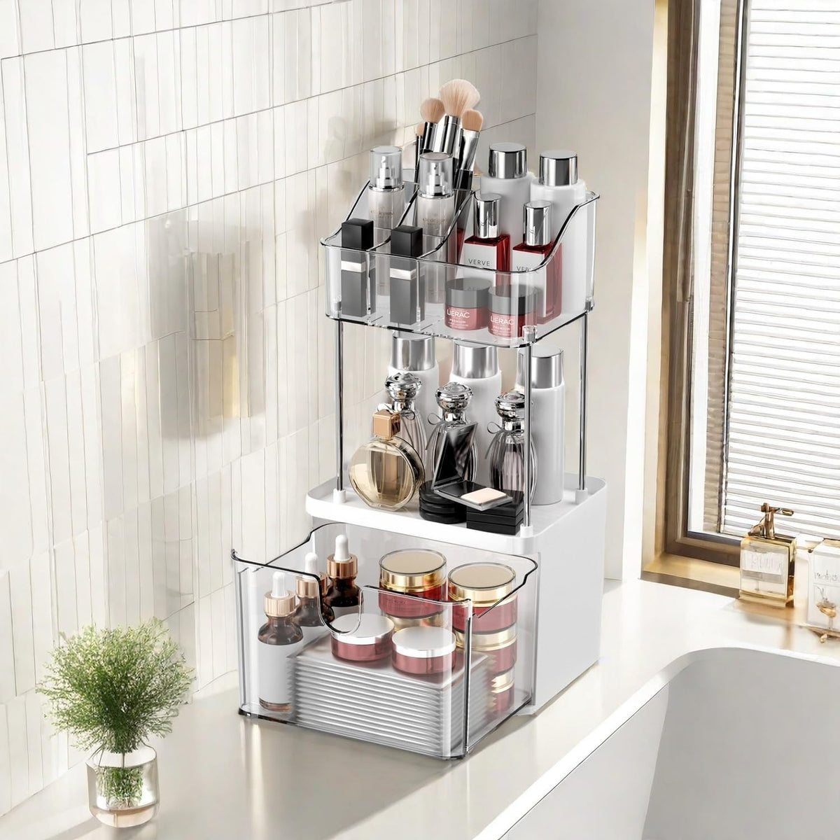 Ddzoou 3 Tier Bathroom Organizer With Drawers - Transparent Cosmetic Storage, White