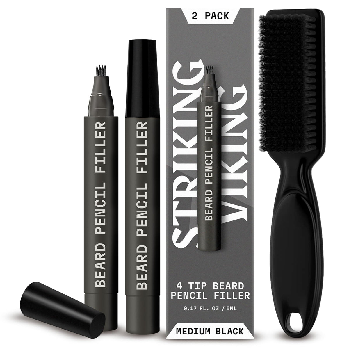 Striking Viking Beard Pencil Filler For Men - 2 Pack, Medium Black, Waterproof, Includes Brush