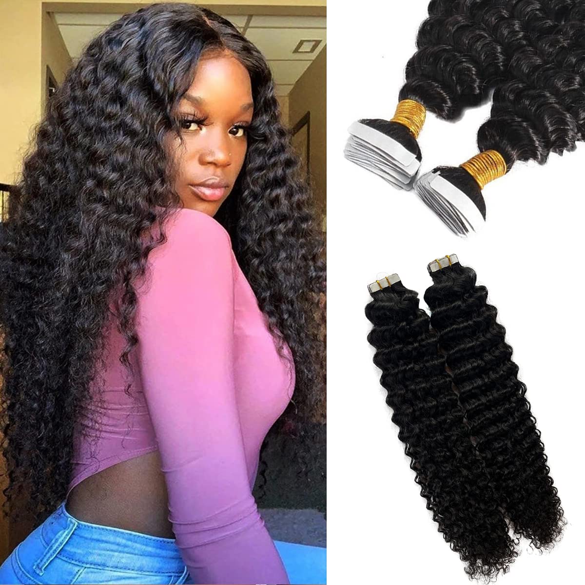 Smavida 14&quot; Curly Tape-In Extensions - 100% Remy Human Hair, Bouncy Curls, Black #1