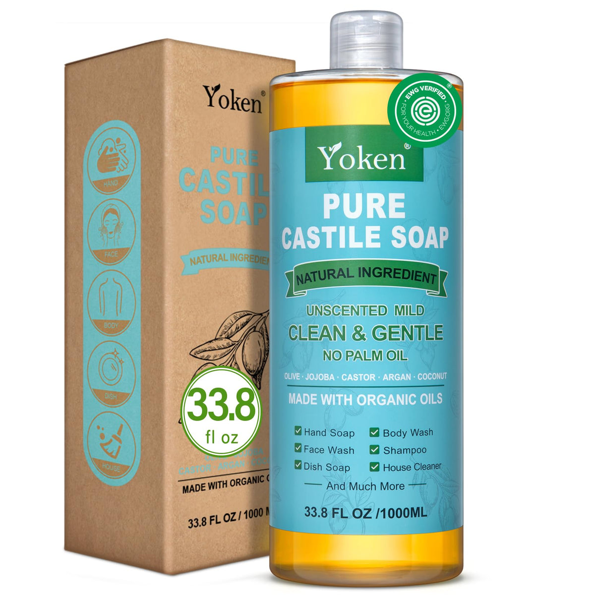 Yoken Unscented Castile Soap - 33.8 Fl Oz Pure Organic Liquid Soap For Body, Hand, Dishes, Laundry