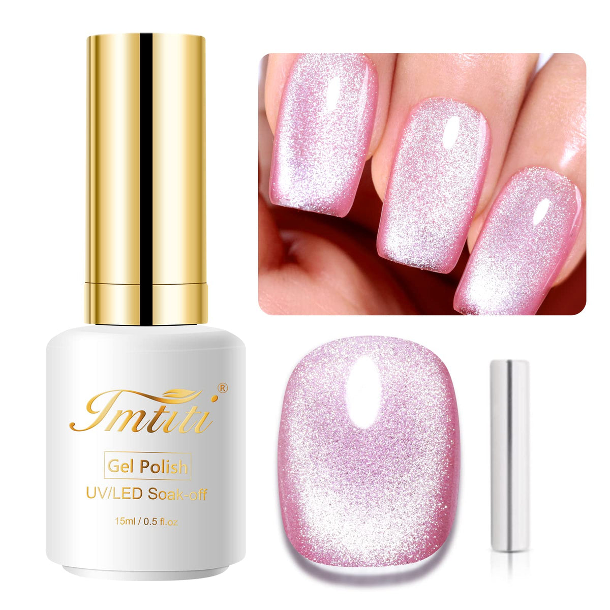 Imtiti Holographic 9D Cat Eyes Glitter Gel Nail Polish, Hot Pink Champagne, 0.5Fl Oz