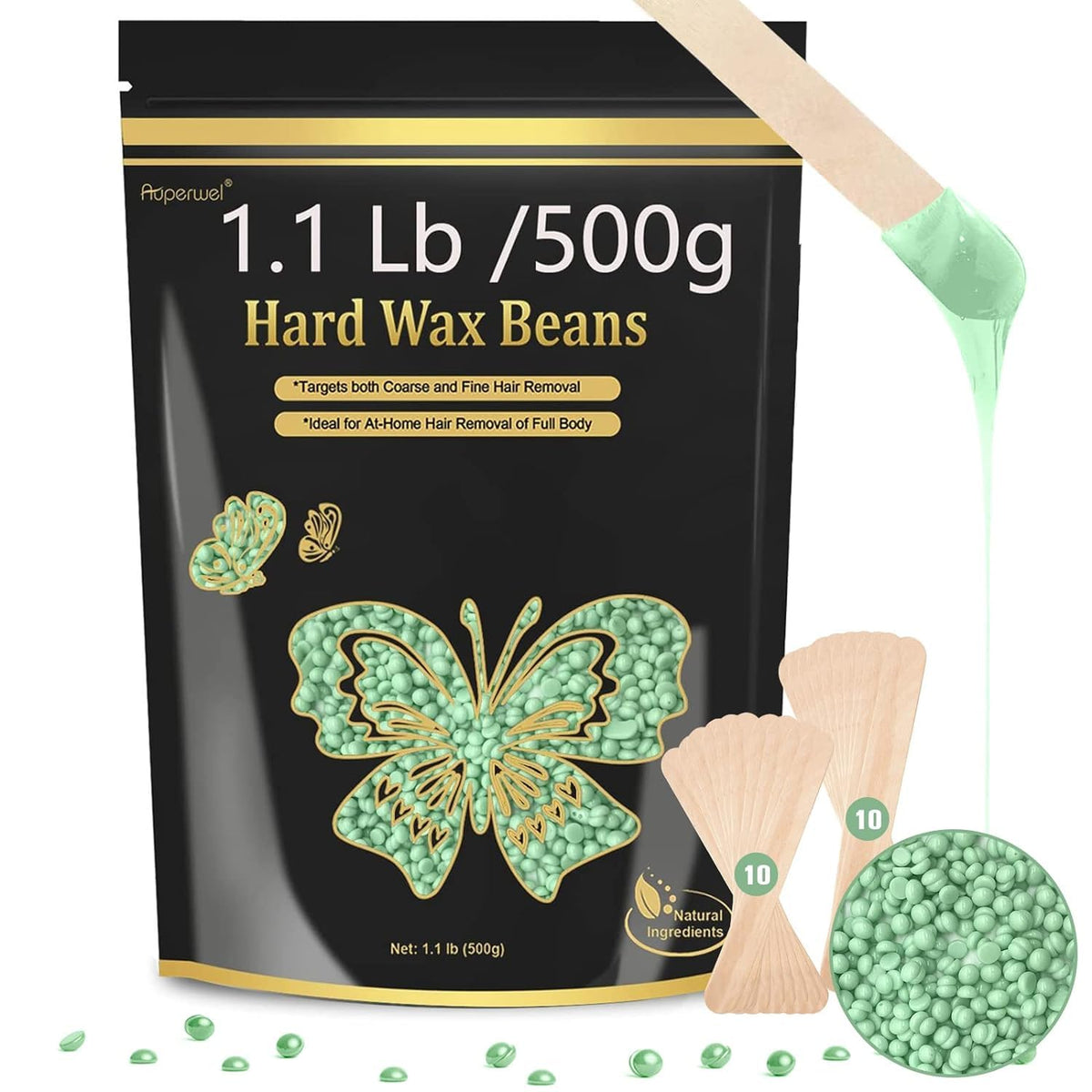 Auperwel Hard Wax Beads 1.1Lb For Coarse Hair, Sensitive Skin, Brazilian Bikini & Body - Tee Tree