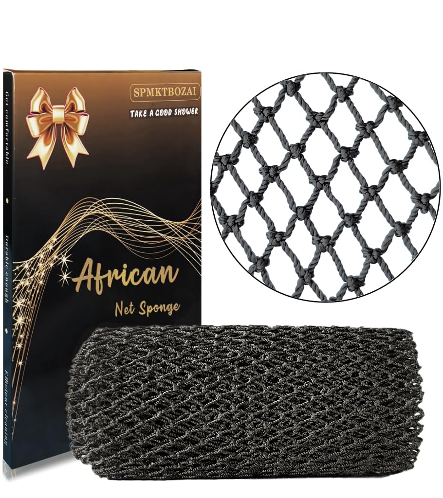 Spmktbozai African Net Sponge - Authentic Exfoliating Bath Scrubber, Black Nylon, 1 Count