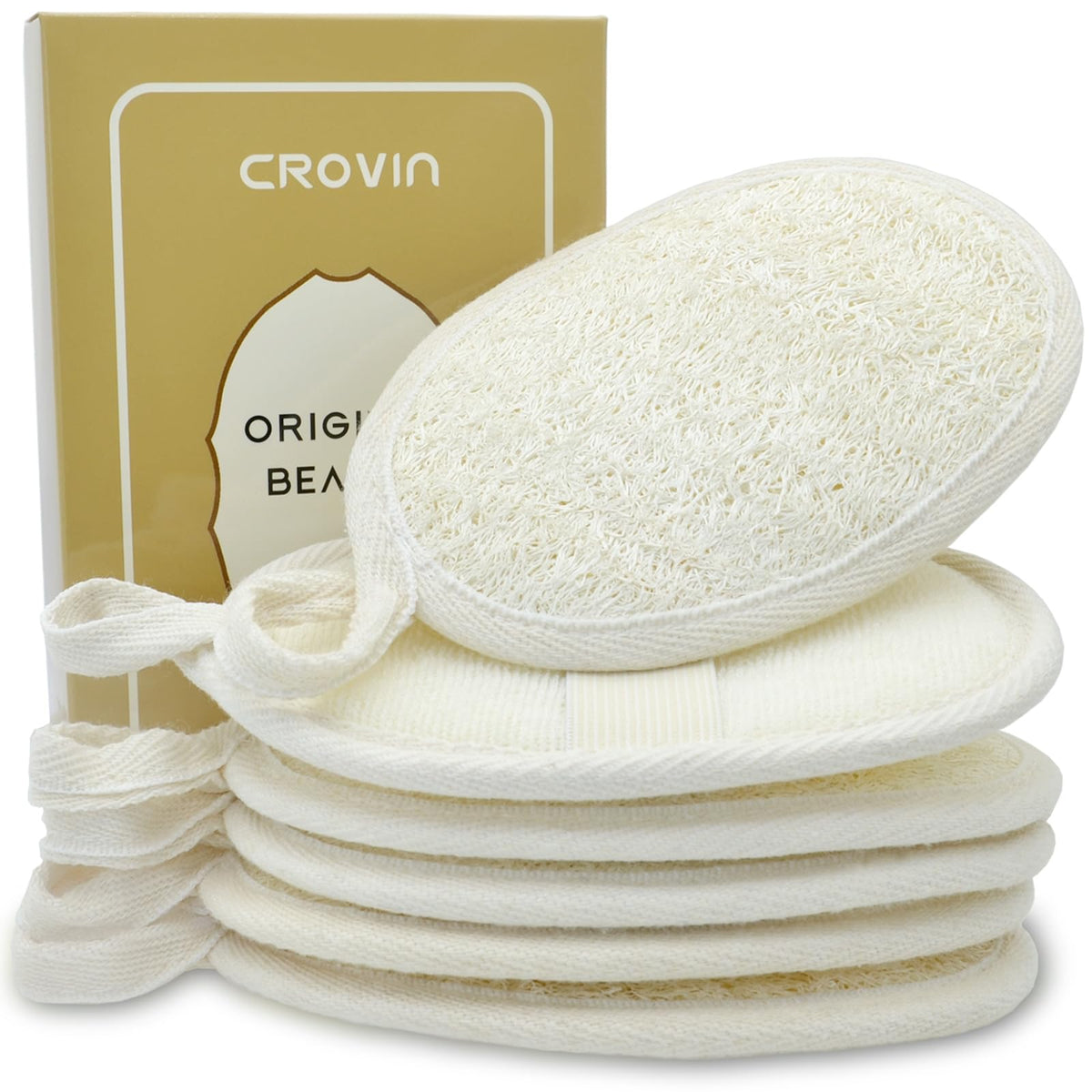 Crovin Natural Loofah Body Scrubber - 6 Pack Exfoliating Sponge For Men & Women, Creamy-White