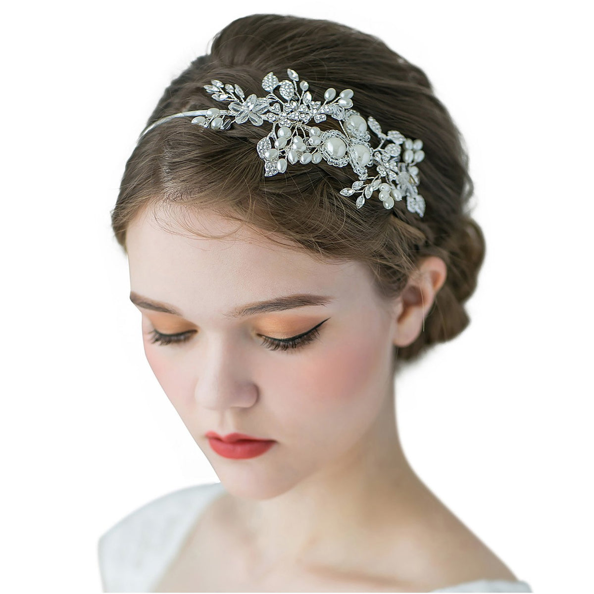 Sweetv Handmade Pearl Wedding Headband - Silver Rhinestone Bridal Hair Jewelry Accessory