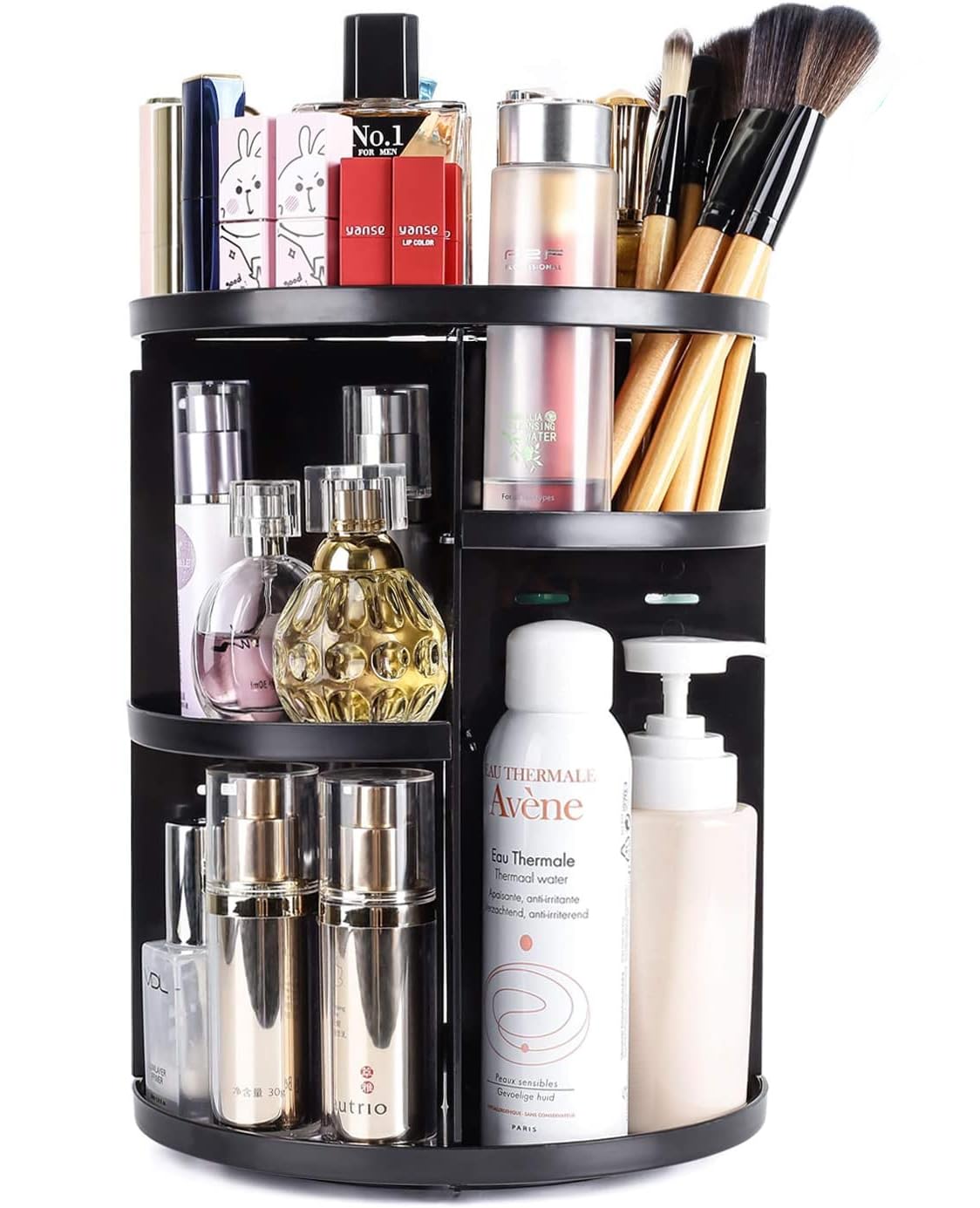 Sanipoe 360 Rotating Makeup Organizer - Adjustable Spinning Holder, Black Acrylic Caddy, 9.1x12.2