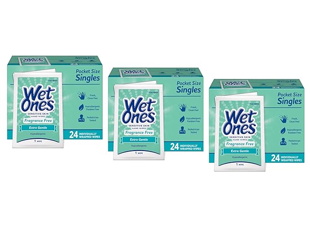 Wet Ones Sensitive Skin Hand Wipes, Individually Wrapped, 24Ct (Pack Of 3)