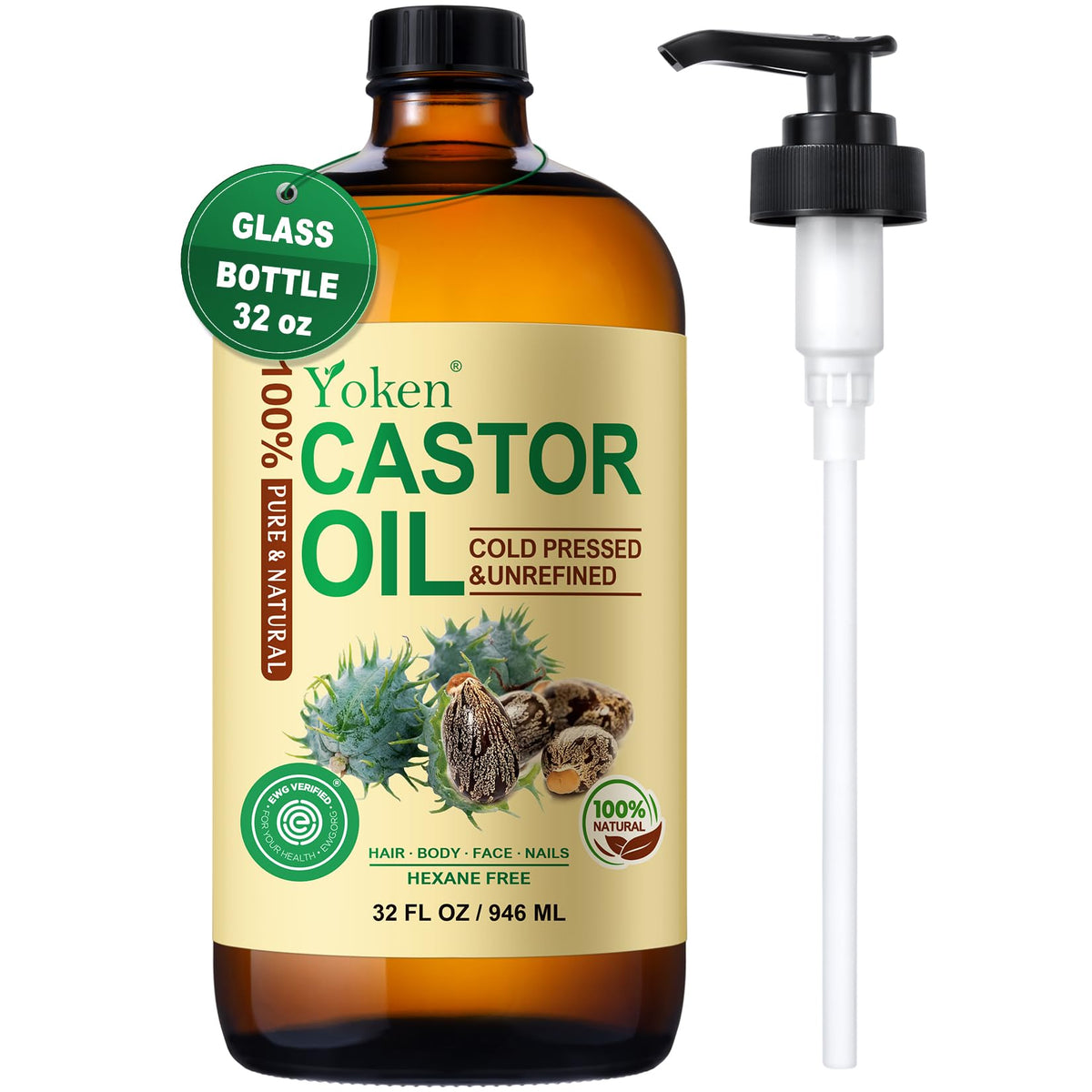 Yoken Organic Castor Oil 32 Fl Oz With Pump - 100% Pure, Cold Pressed, Hexane Free For Skin &