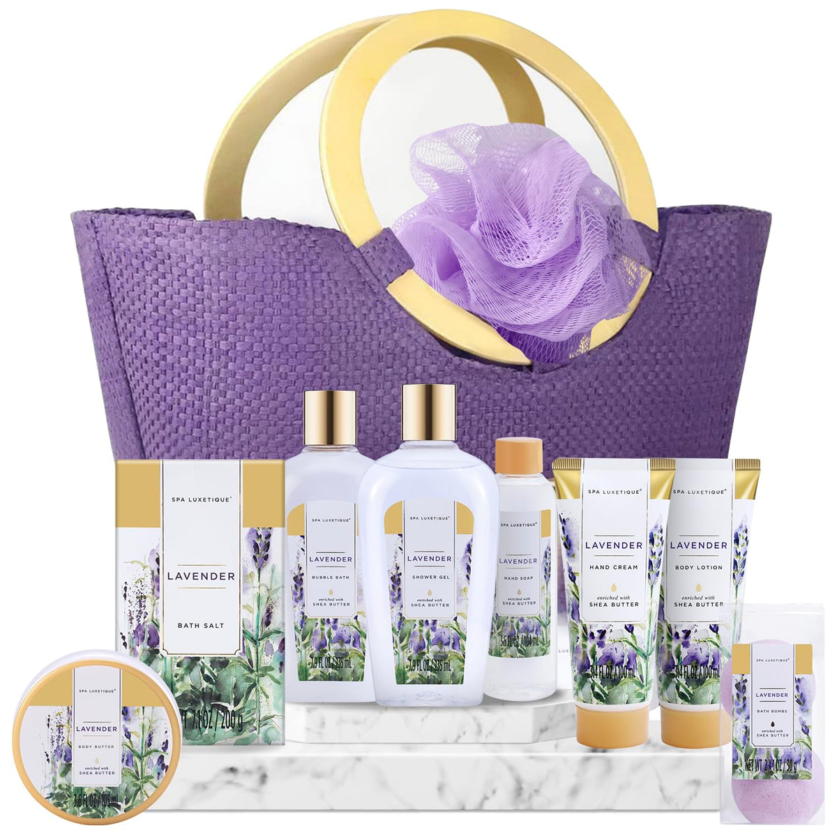 Spa Luxetique Lavender Gift Basket Set - 10Pcs Spa Gifts For Women, Relaxing Bath Essentials