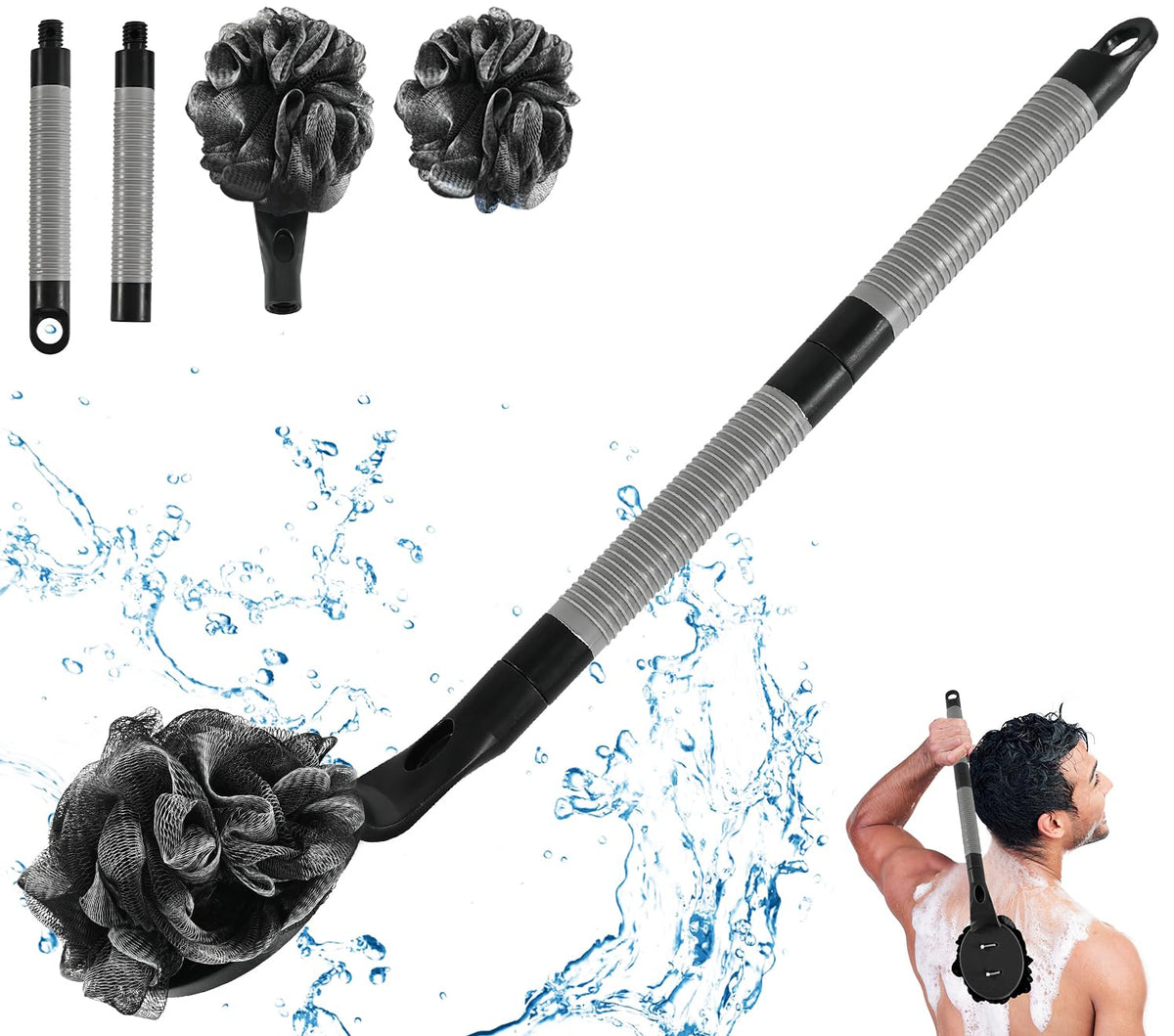 Btideas Loofah With Handle, 21.7” Detachable Back Scrubber For Exfoliation - Black