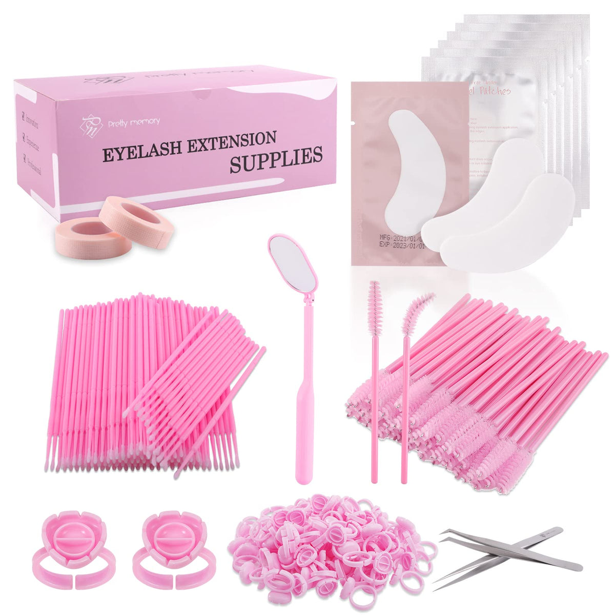 Pretty Memory 405 Pcs Lash Extension Kit - Glue Rings, Eye Gel Pads, Tweezers & More