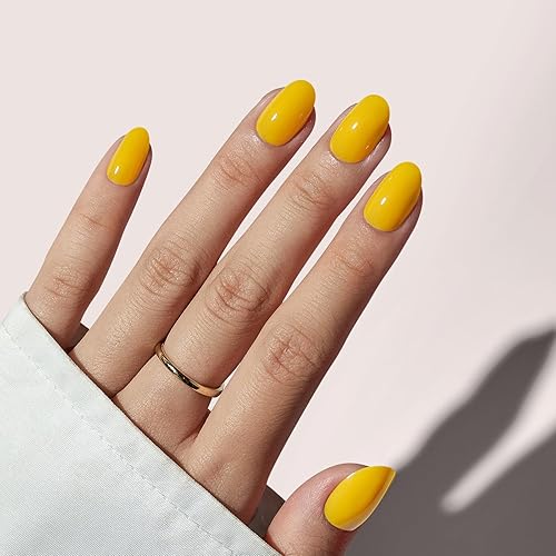 BTArtbox Press On Nails - Autumn Sunshine Yellow Oval, 32 Piece Gel Nail Kit with Glue