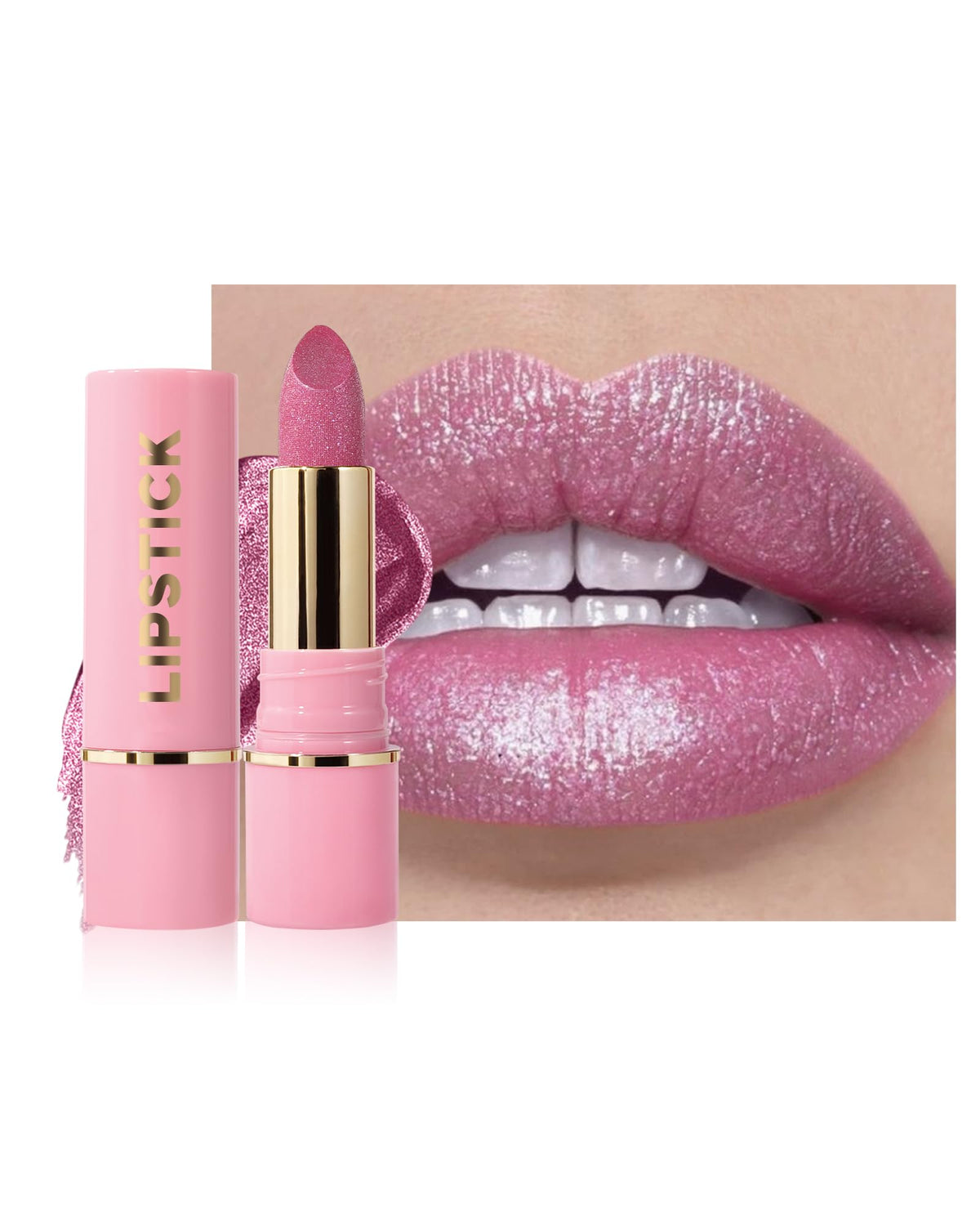 Lysdefeu Diamond Glitter Matte Lipstick - Pink Metallic Shimmer, Waterproof Lip Color, 0.13 Oz