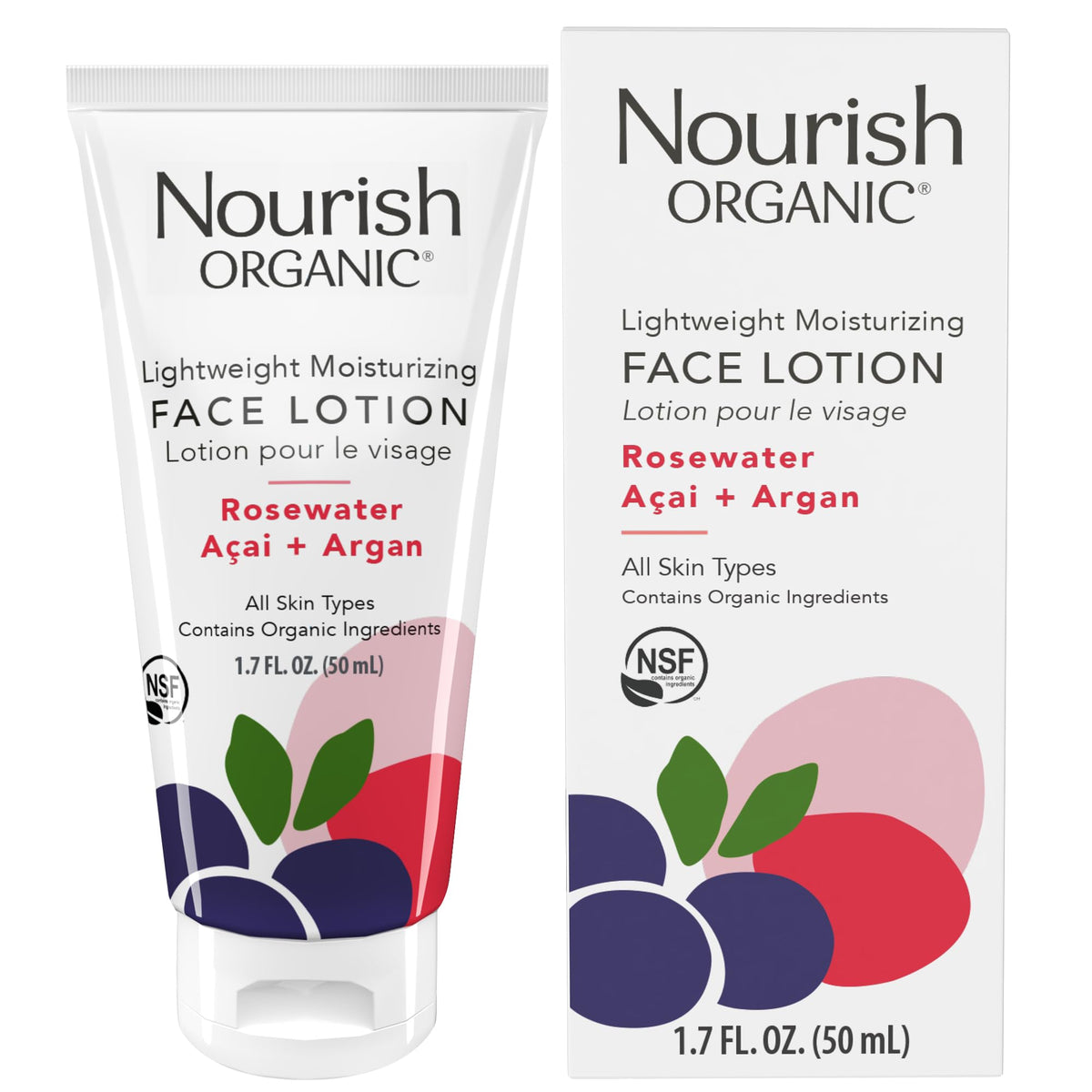 Nourish Organic Rosewater Acai Face Lotion – Lightweight Moisturizer With Aloe Vera & Vitamin C, 1.7 Oz