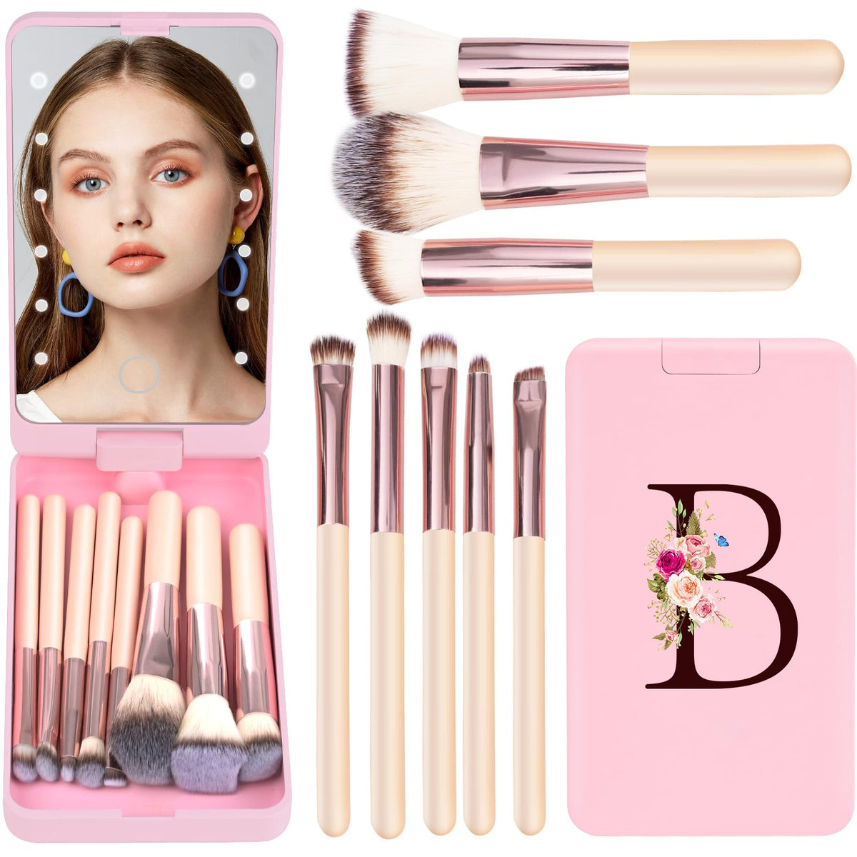 Kewwadb Mini 8-Piece Pink Makeup Brush Set With Led Mirror - Perfect Gift For Teen Girls