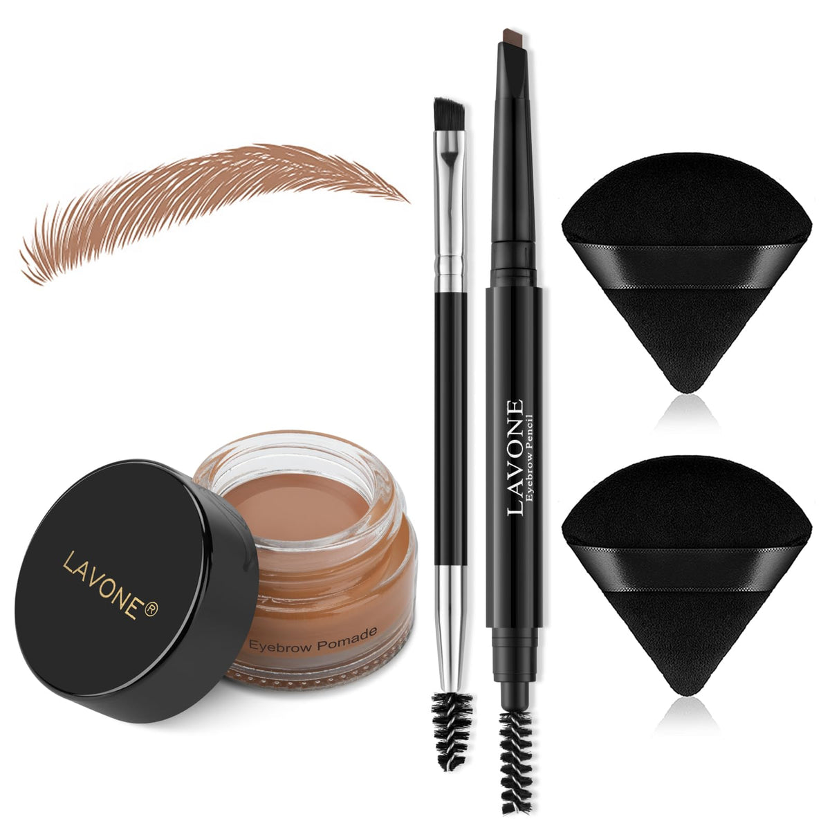 Lavone Waterproof Eyebrow Pencil Makeup Kit - Caramel, Pomade, Powder Puff & Dual-Ended Brush