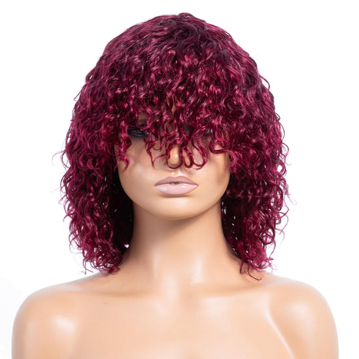 Ragmzze 12&quot; 99J Burgundy Water Wave Wig With Bangs - 100% Human Hair, Glueless,