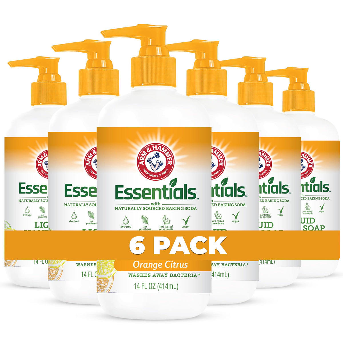 Arm & Hammer Liquid Hand Soap 6 Pack - Natural Orange Citrus Cleanser For Kitchen & Bathroom 14 Fl Oz