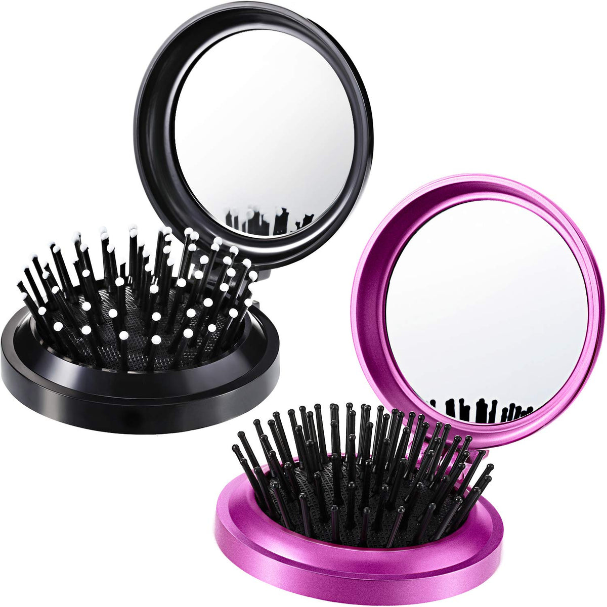 Boao 2 Pack Folding Travel Mirror Hair Brushes - Compact Mini Comb for Women (Black, Purple)