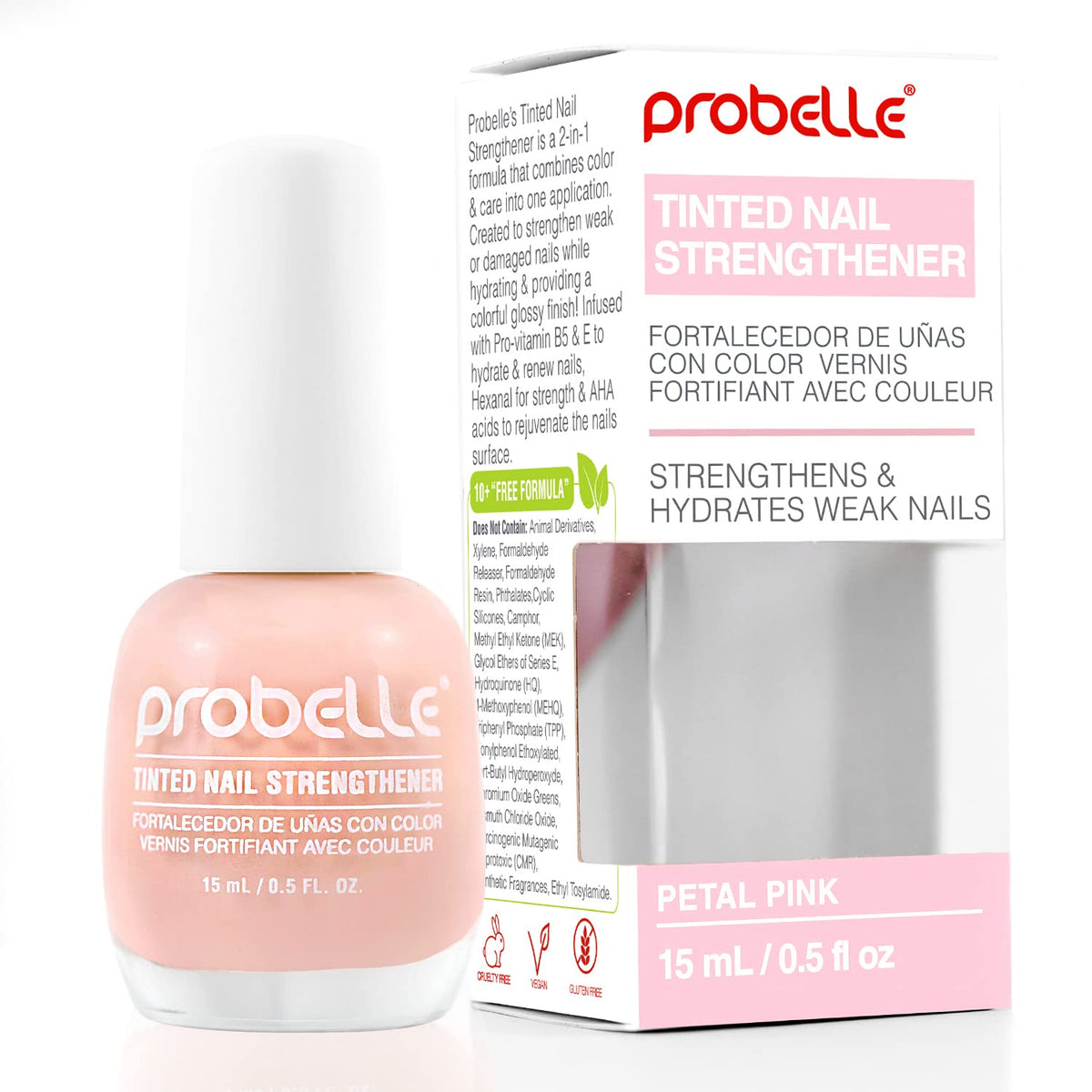 Probelle Tinted Nail Strengthener, Petal Pink - Nail Growth & Repair Treatment (0.5 Fl Oz)