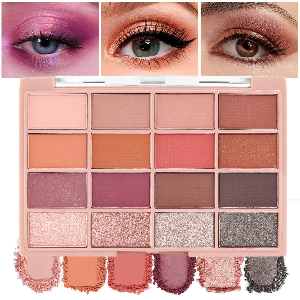 Cakaila 16 Colors Nude Brown Eyeshadow Palette - High Pigmented Matte & Glitter, Waterproof