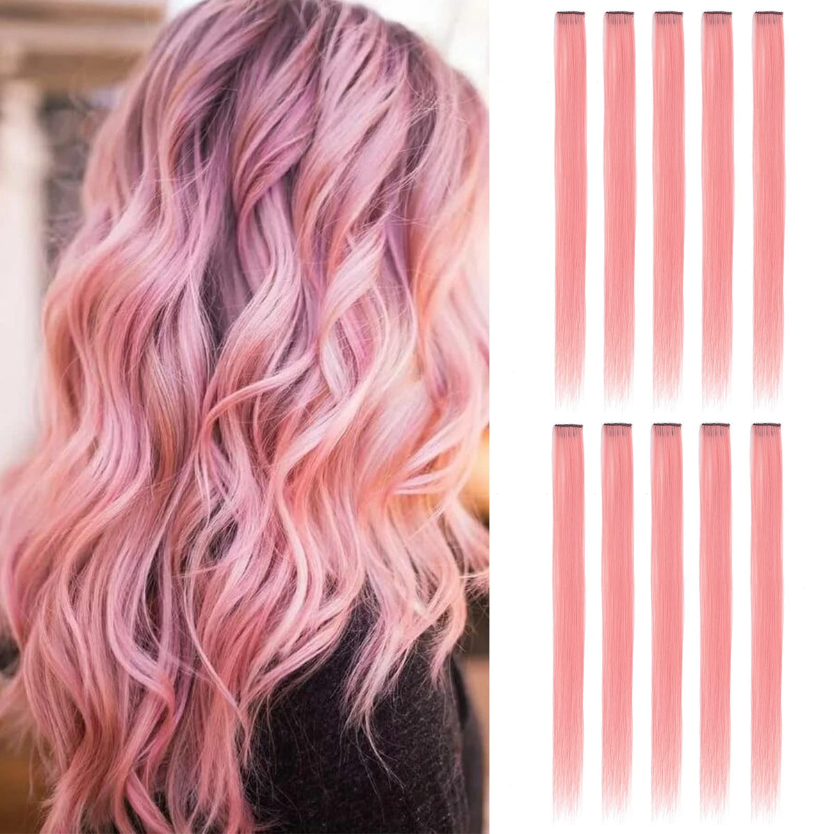 Sleekcute 10 Pcs Flesh Pink Clip-In Synthetic Hair Extensions 22 Inch For Party & Cosplay