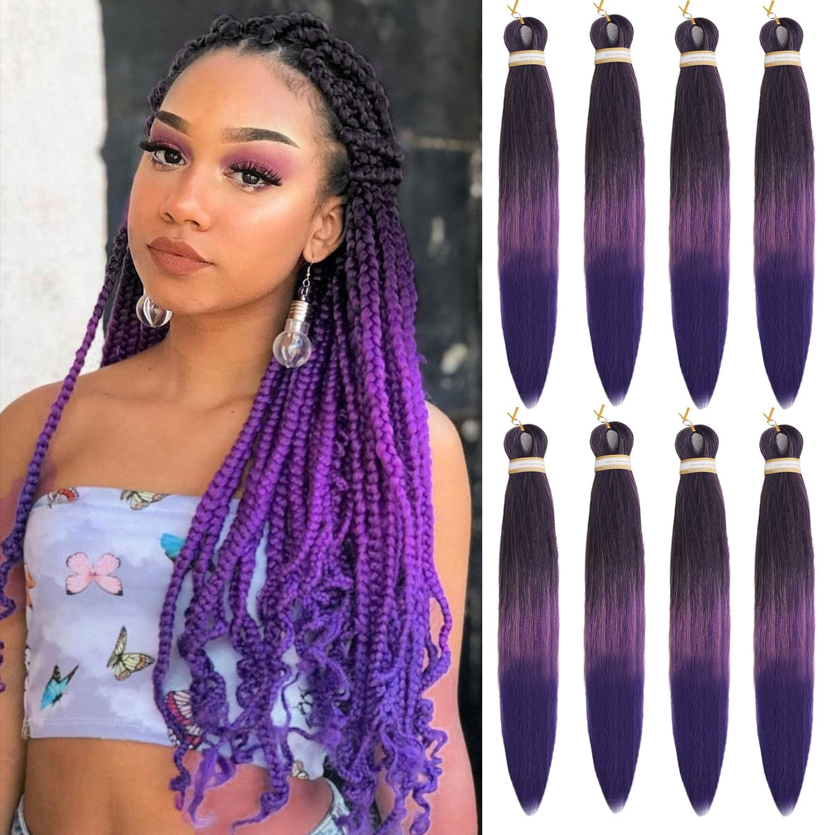 Beyond Beauty 26&quot; Pre-Stretched Braiding Hair - Ombre Yaki Texture, 1B-Pink-Purple, 8