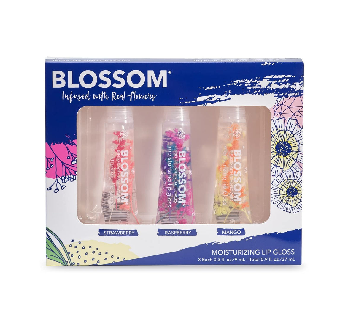 Blossom Scented Lip Gloss Tubes, 3 Pack Full Size With Real Flowers - Strawberry/Raspberry/Mango