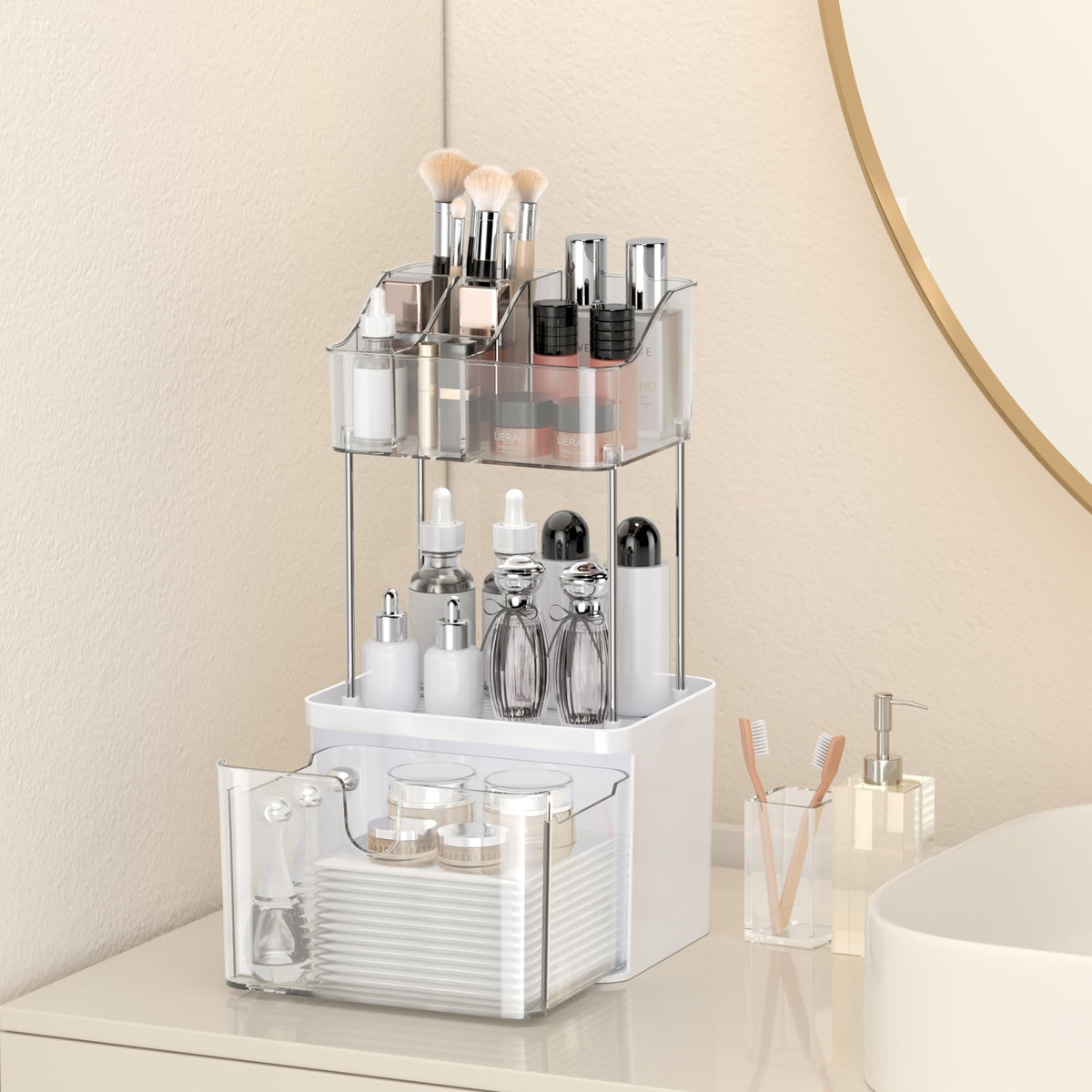 Doadw 3-Tier Clear Bathroom Countertop Organizer With Drawer - Makeup & Skin Care Storage