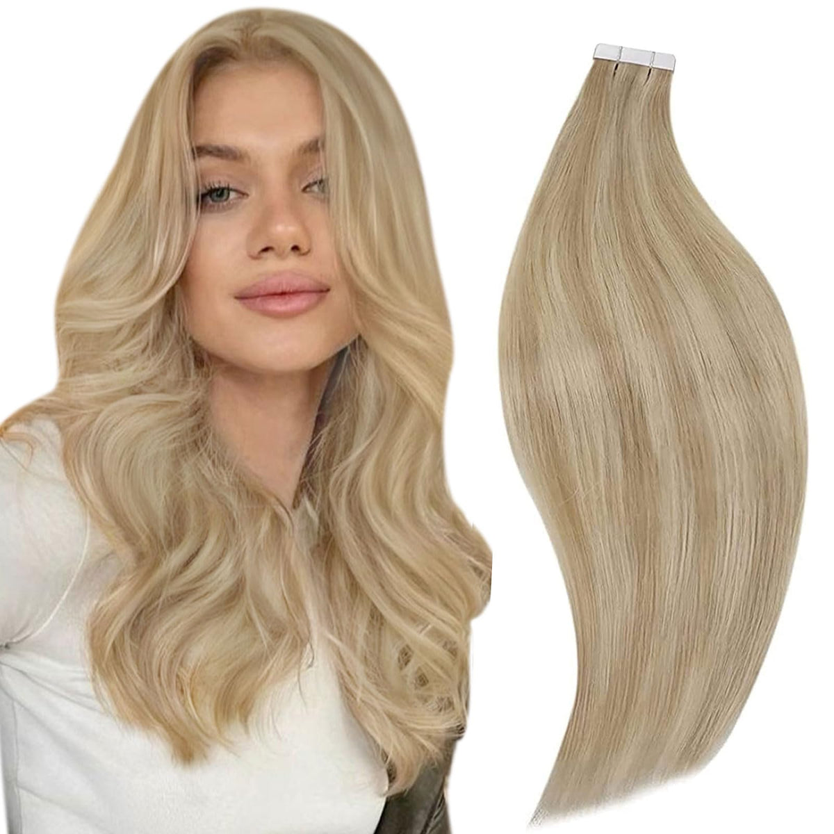 Runature 12&quot; Blonde Tape In Hair Extensions, Real Human Hair, 20Pcs, Straight, 30G, Invisible