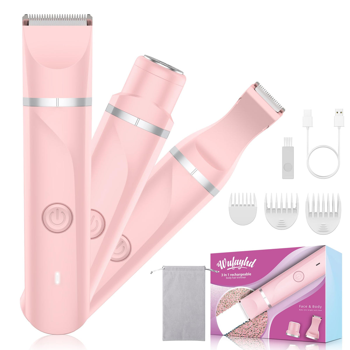 Wufayhd Electric Shaver For Women, 3-In-1 Waterproof Trimmer, Painless Hair Removal, Hot Pink