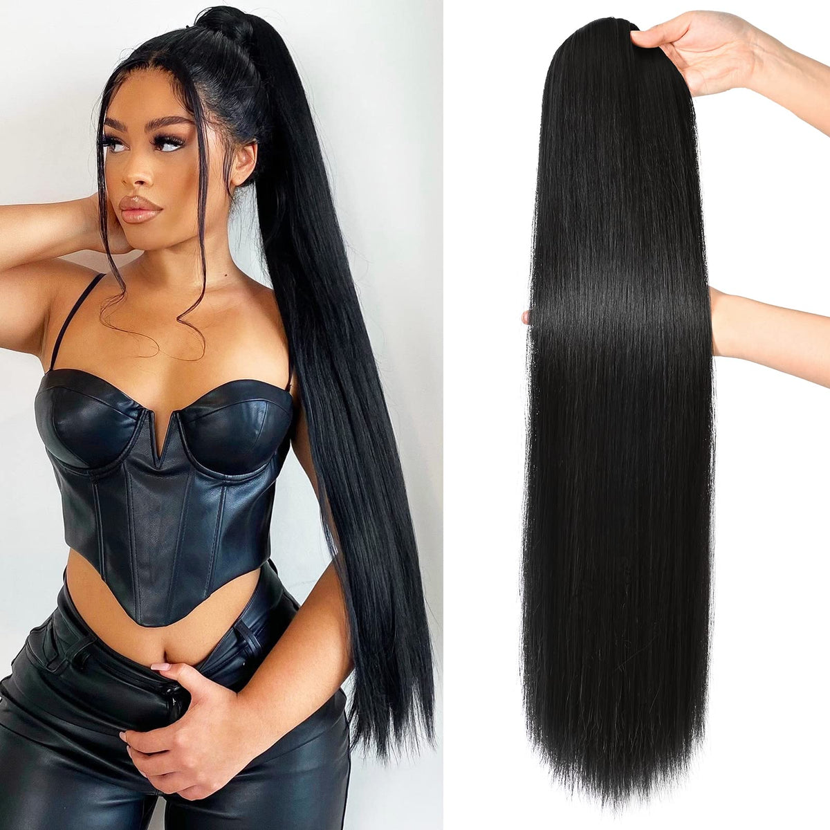 Seikea 32&quot; Black Ponytail Extensions - Long Straight Synthetic Clip-In Hairpiece, Heat Resistant