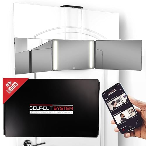 Self-Cut System 3 Way Mirror with Lights - Trifold Over The Door Barber Mirror for Hair Cutting