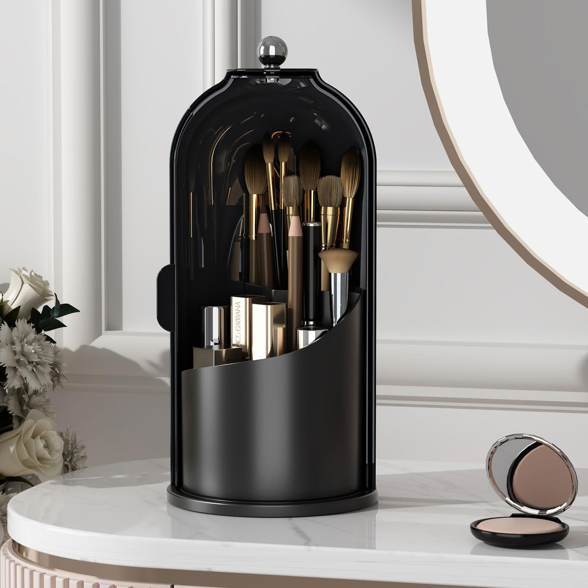 Yoolens 360 Rotating Makeup Brush Holder With Lid - Clear, Dustproof, All Black Organizer