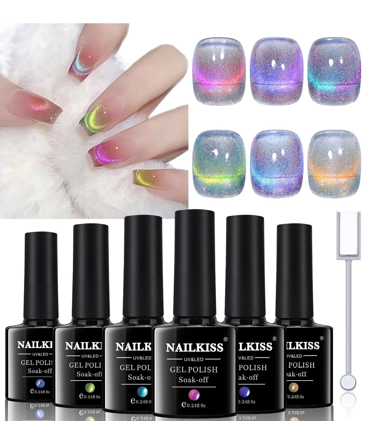 Nailkiss 9D Cat Eye Magnetic Gel Nail Polish Set - Glitter Soak Off Uv Varnish, 6 Colors