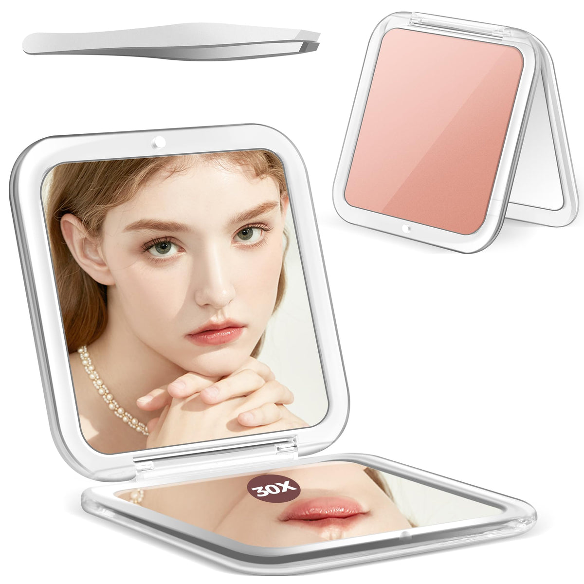 Miyadiva 30X Magnifying Pocket Mirror - Travel Makeup Essential, Gold, With Precision Tweezers