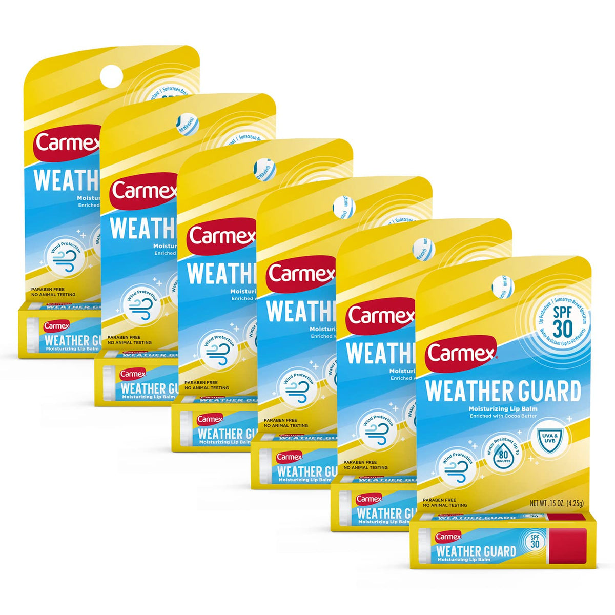 Carmex Moisturizing Lip Balm Stick With Spf 30, 0.15 Oz, 6 Pack - Weather Guard Protection