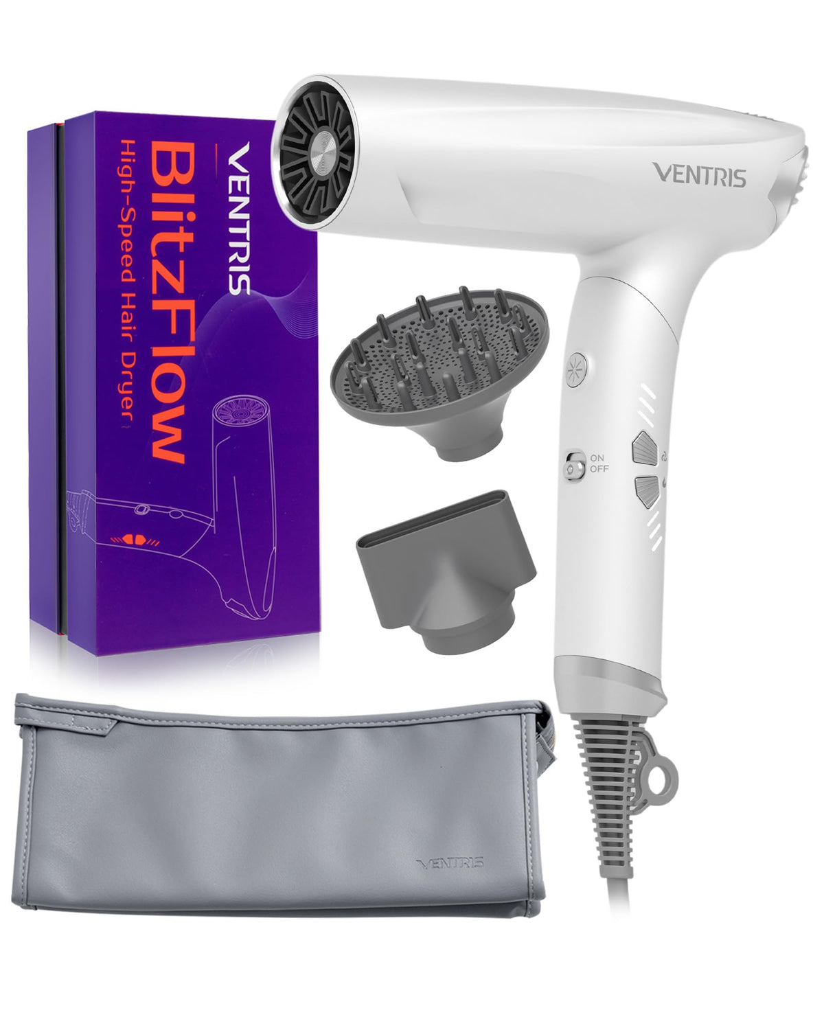 Ventris Ionic Hair Dryer With Magnetic Diffuser - Lightweight, Foldable & High Speed For Travel