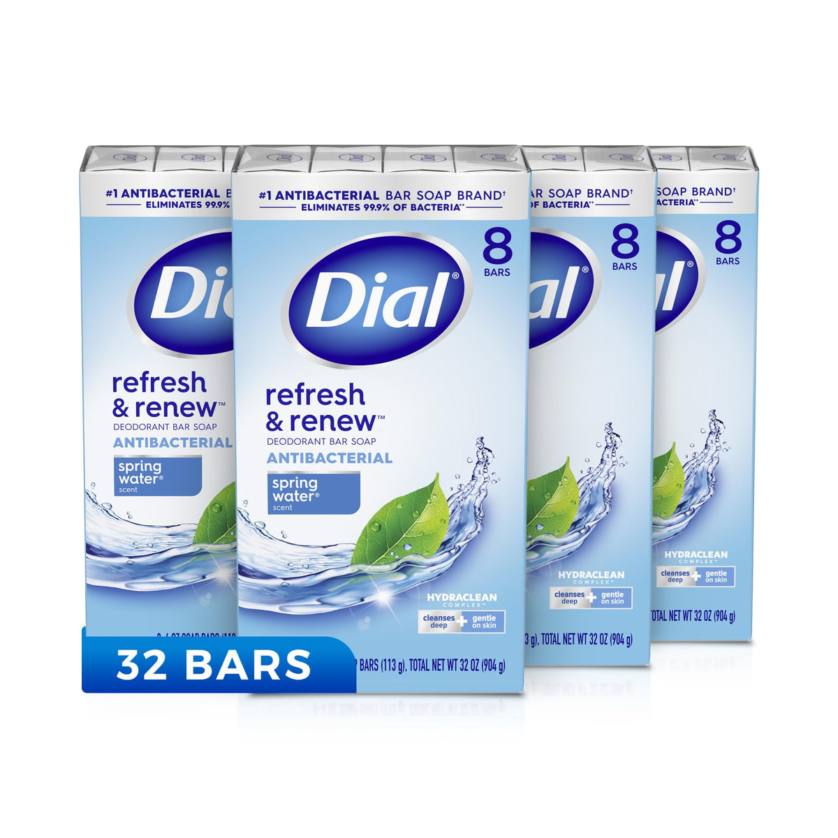 Dial Antibacterial Bar Soap, Spring Water, 32 Bars, 8 Count - Pack Of 4, 2 Lbs Total