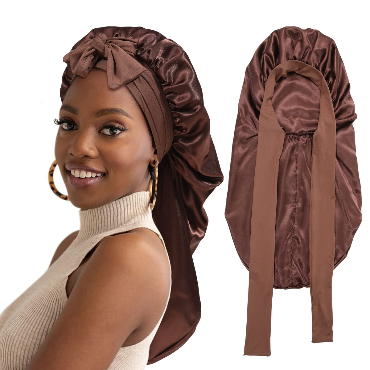 Awaytr Double Layer Satin Bonnet For Women - Brown Silk Sleeping Cap With Tie Band