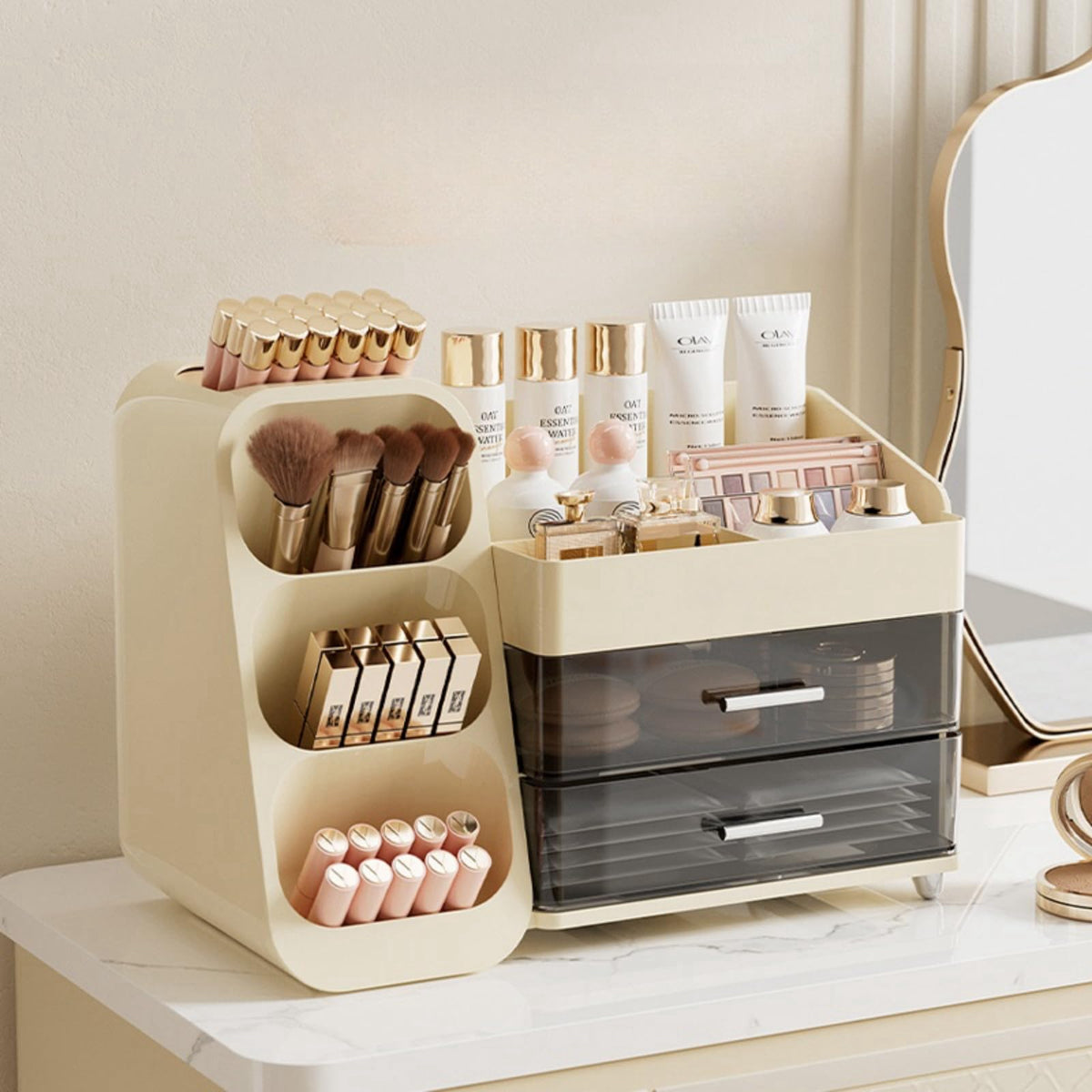 Kqjs Large Capacity Makeup Organizer With Drawers - Cream Vanity & Bathroom Storage