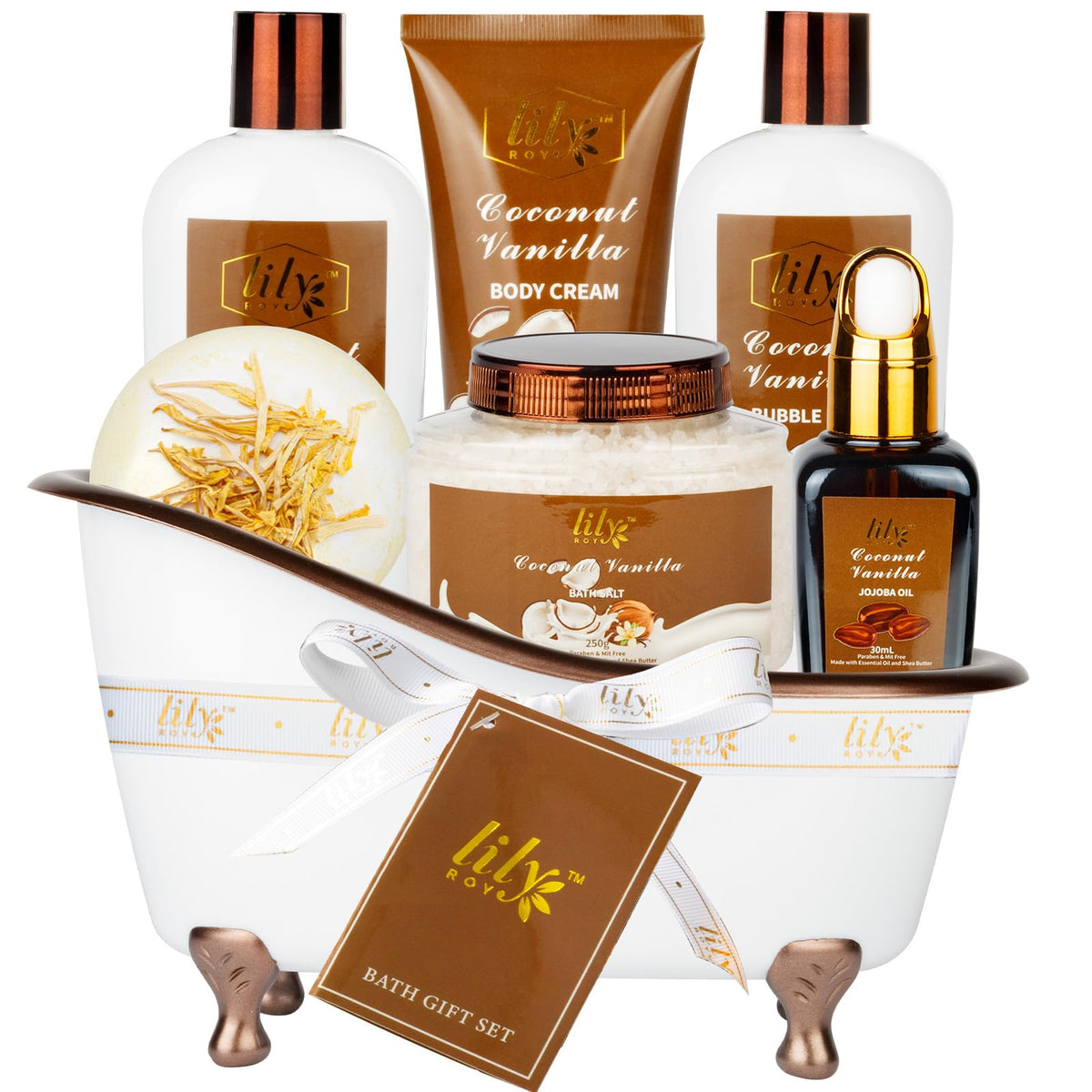 Lily Roy Spa Gift Tub Set - 7 Piece Bath & Body Gift For Women, Moms & Men - Coconut Vanilla