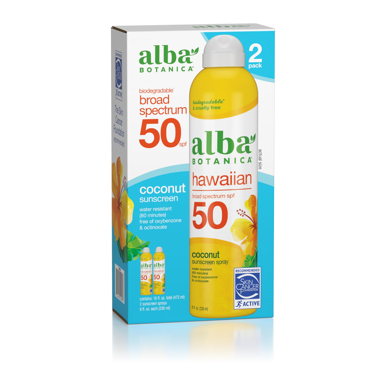 Alba Botanica Hawaiian Coconut Sunscreen Spray Spf 50, Biodegradable, 8 Fl Oz (Pack Of 2)