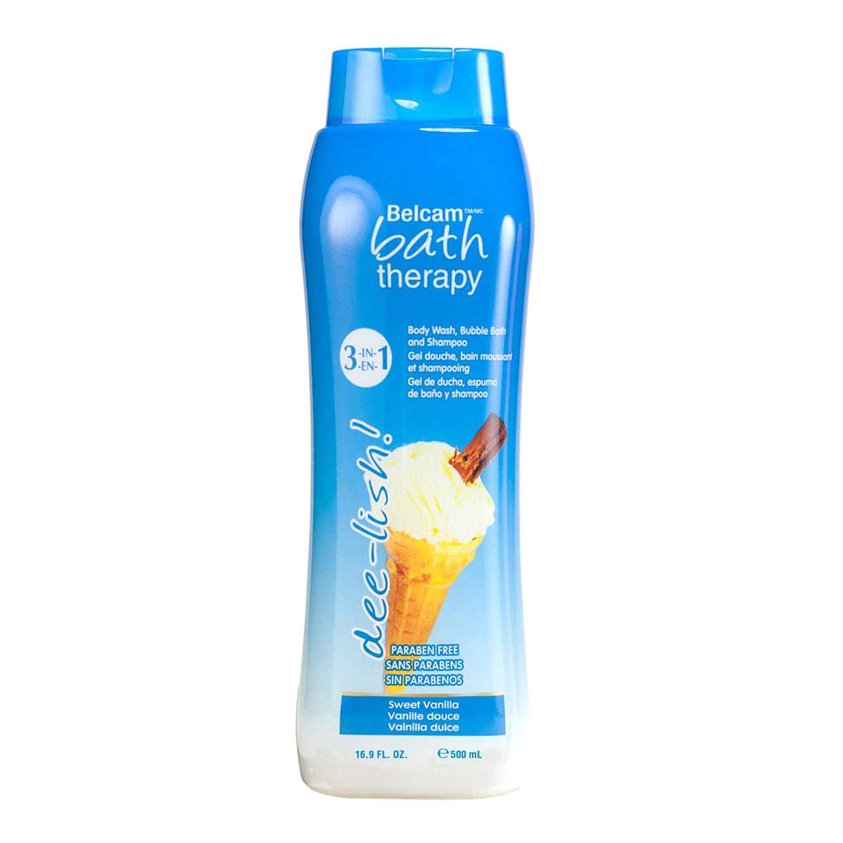 Belcam Bath Therapy Dee-Lish! 3-In-1 Body Wash, Bubble Bath & Shampoo, Sweet Vanilla, 16.9