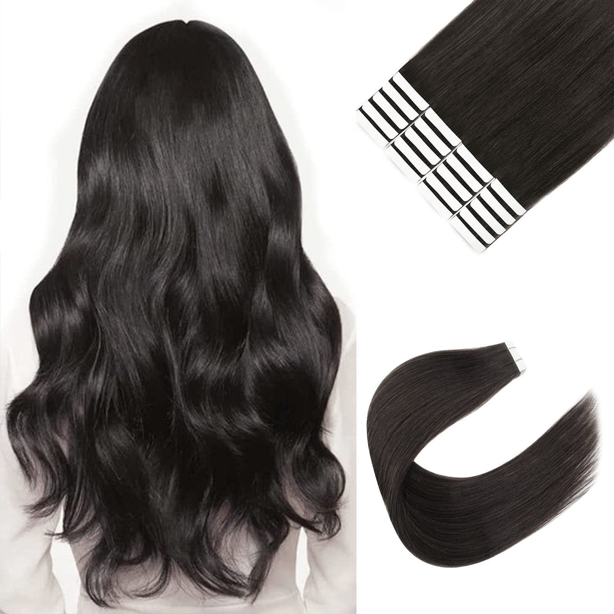 Sixstarhair Off Black Tape In Hair Extensions, 20 Pieces, 50G, Remy Human Hair, 16 Inch, Color