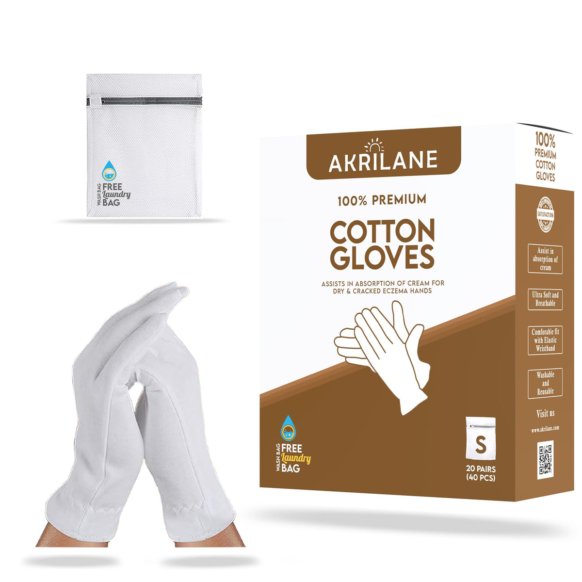 Akrilane Small 20 Pairs Cotton Gloves For Eczema & Dry Hands | Washable & Reusable