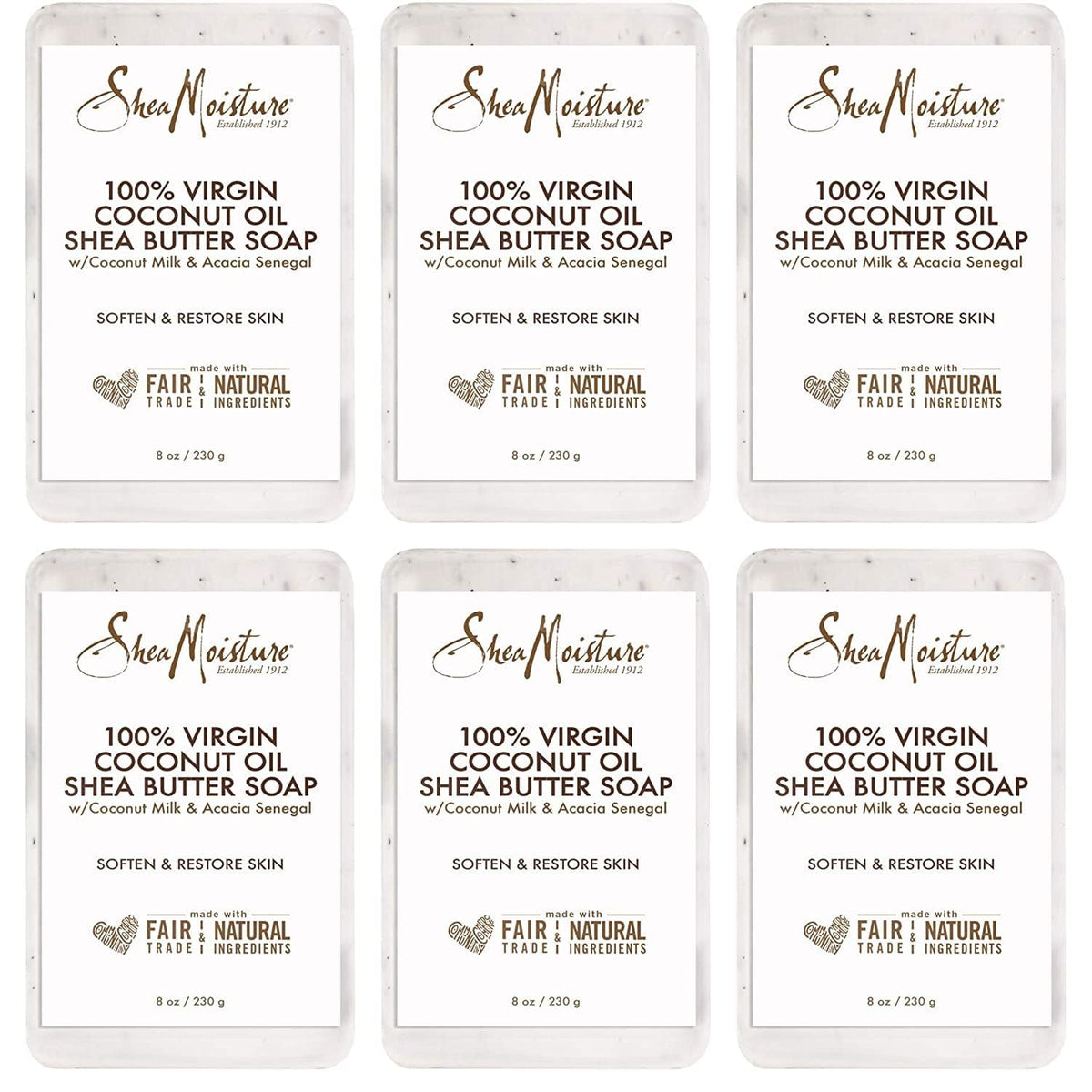 SheaMoisture Shea Butter Body Wash Bar Soap, Cleansing Skin Care to Soften & Restore, 100% Virgin Coconut Oil with Coconut Milk, Shea Butter & Acacia Senegal, 8 Oz Bar - 6 pack